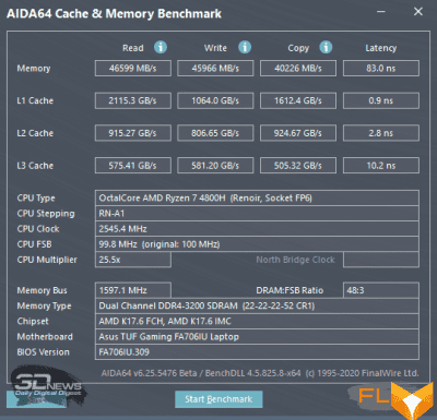  AIDA64 Extreme memory test (battery) 